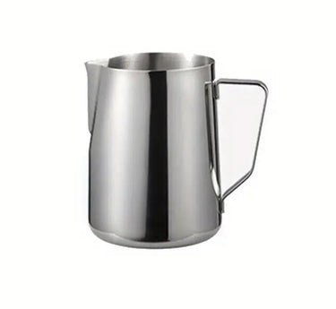 Stainless steel milk pitcher on a white background